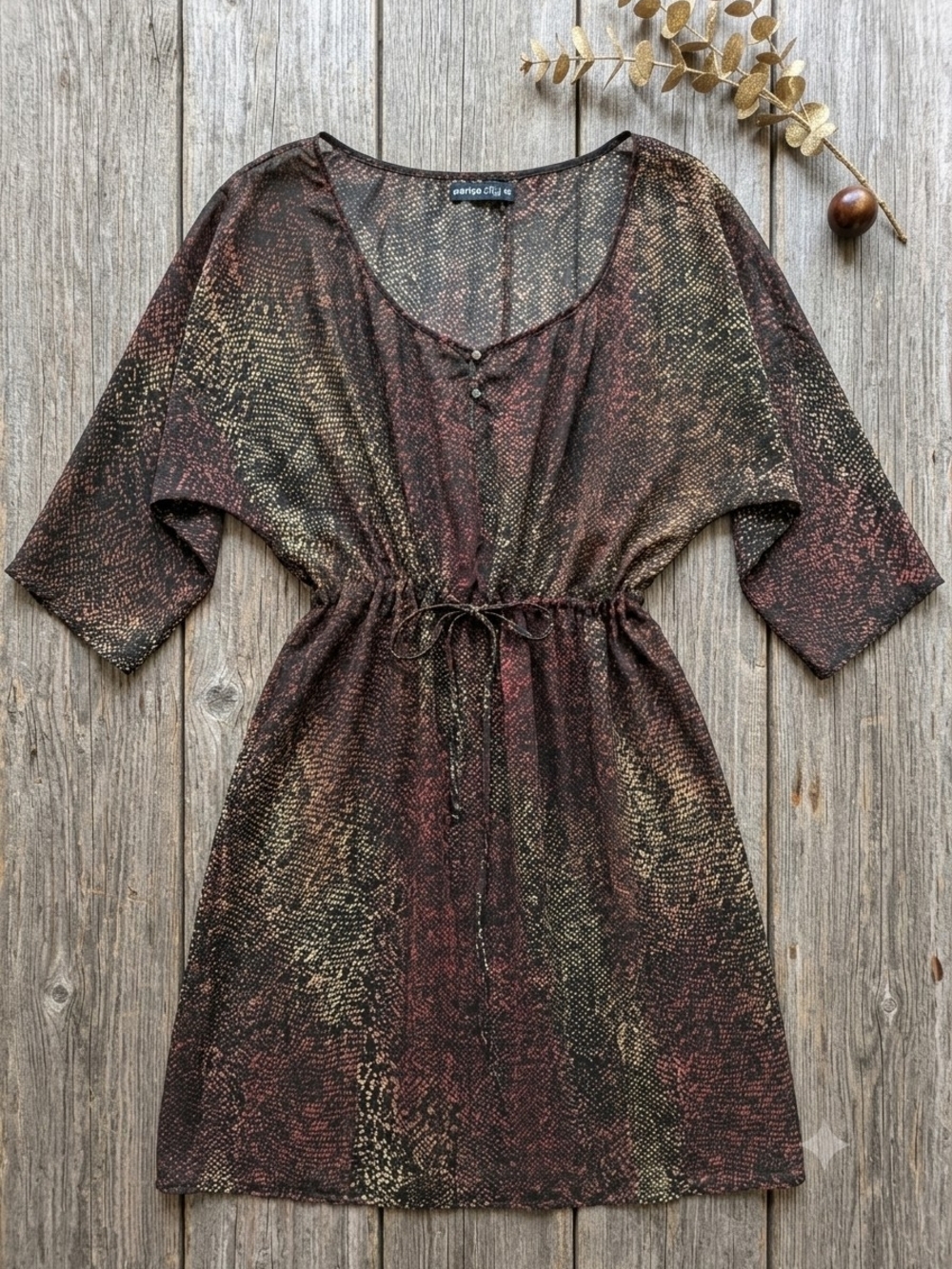 Marisa City Sheer Whimsigoth Earthy Boho Dolman Cinch Mini Dress - Picture 3 of 15
